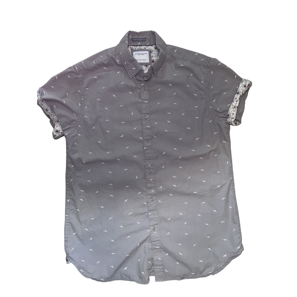 Ricky Singh Denim & Flower XS Button-up Short Sleeve Shirt Gray Bird Cotton